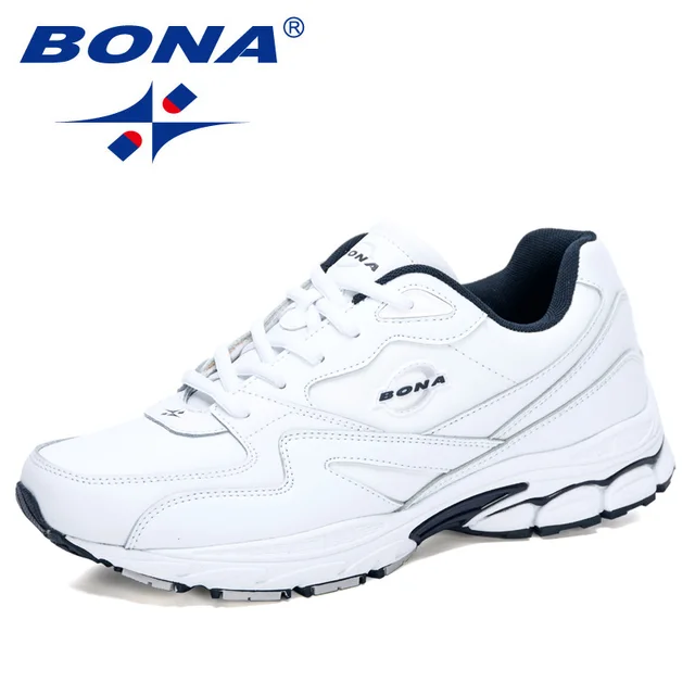 BONA 2020 New Designers Action Leather Running Shoes High Quality Outdoor Sports Shoes Men Sneakers Breathable Outdoor Footwear White deep blue