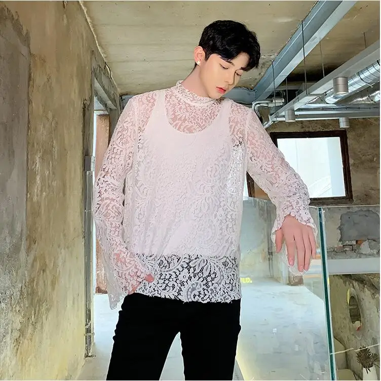 M-XL! осенние модные дизайнерские Джинсовые штаны для ночного клуба, пикантные, маленькое кружево с высоким воротником джемпер Мужская ins блуза с длинным рукавом