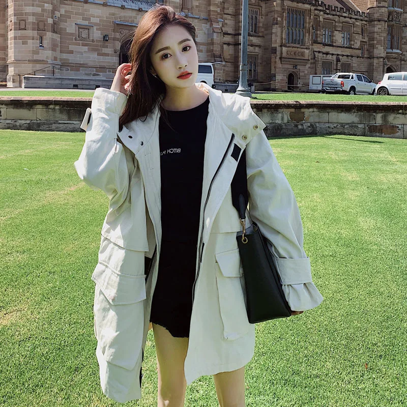 

Trench Coat Women's Mid-length Spring And Autumn 2019 New Style Korean-style Loose-Fit Hooded waitmore Students Popular Workwear