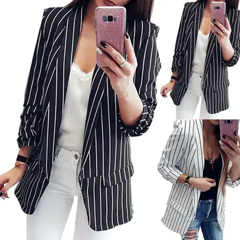 

Autumn Winter Fits Women Blazer Mujer Formal Jackets Office Lady Open Front Notched Blazer Coat Fashion Stripe Black White