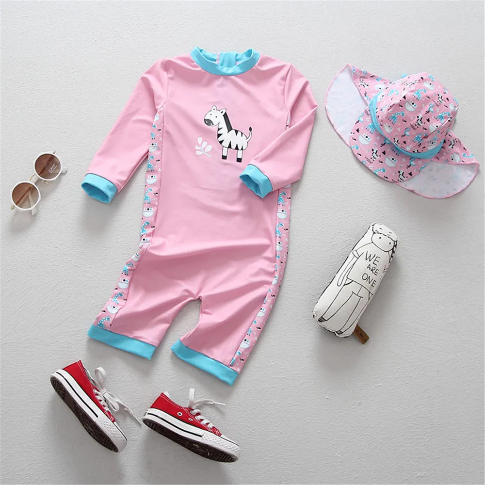 Розовый цельный купальный костюм с длинными рукавами и рисунком пони для детей, купальный костюм для малышей - Цвет: Pink