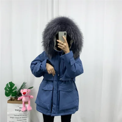 Blue-1 Korean Loose Down Jacket Female Mid Long Waist Big Fur Collar Thicken Down Coats Women Fashion Winter Hooded Jackets HS794 - Цвет: Blue-1