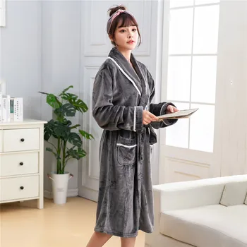 

V-neck Bathrobe Female Negligee Winter New Long Sleeve Sleepwear Robe Warm Thicken Coral Fleece Kimono Gown Flannel Nightgown