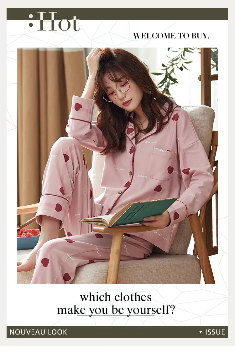 Autumn Winter Cotton Printing Lapel Top+ Long Pant 2 Piece Sets Pajamas Set For Women Cute Sleepwear Pyjama Puls Size Homewear