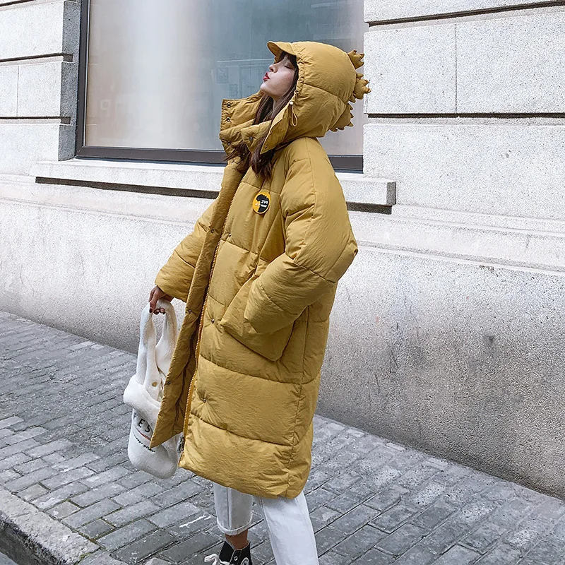 

Mid-length Cotton Coat Women's 2019 Winter New Style South Korea Dongdaemun Thick down Jacket Little Monster Cap Cotton Overcoat