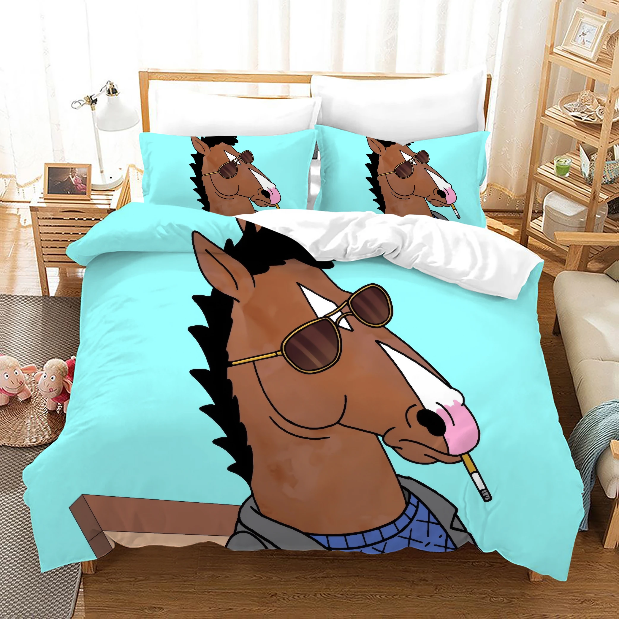 

Autumn and winter boys and girls with cartoon horse pattern digital printing duvet cover single bed double bed set bedding
