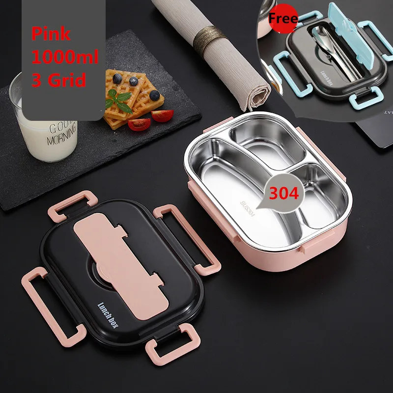 1000ml 3 Grid Pink Японский детский термо-Ланч-бокс из нержавеющей стали 304, Bento с отсеком, посуда, контейнер для микроволновой печи, термос для еды - Цвет: 1000ml 3 Grid Pink