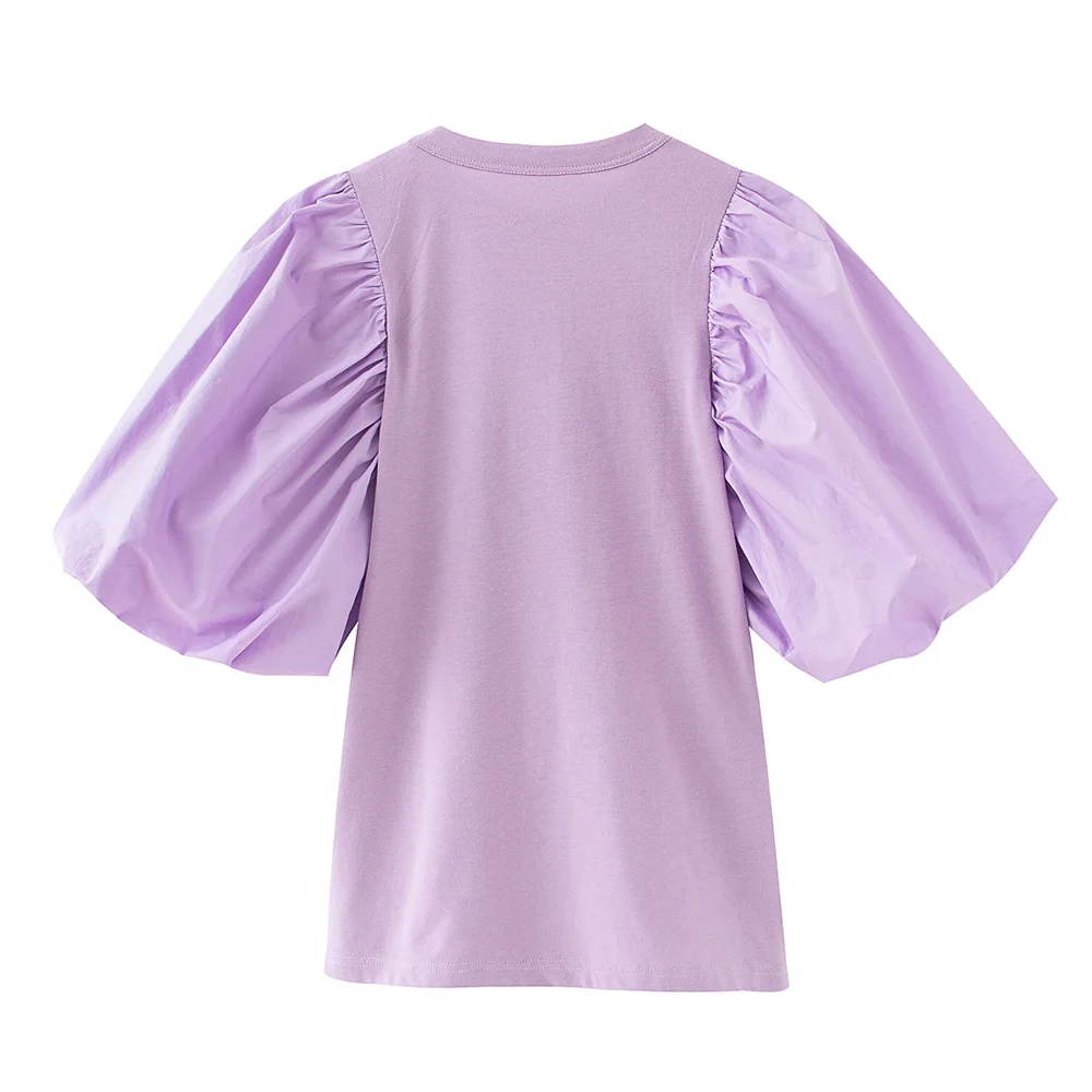 2020 summer new French niche design sense of versatile slim slim purple stitching bubble sleeve top female short shirt