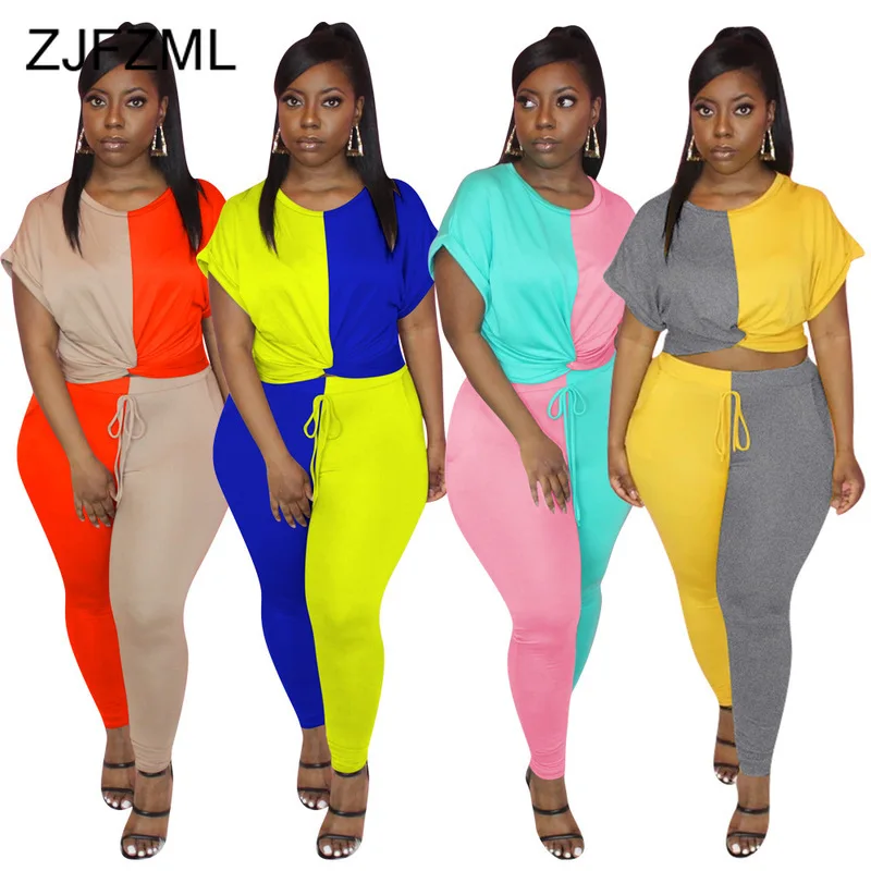 

Contrast Color Spliced Two Piece Suit Women Round Neck Short Sleeve T Shirt And High Waist Pencil Legging Sweatsuit Club Outfits