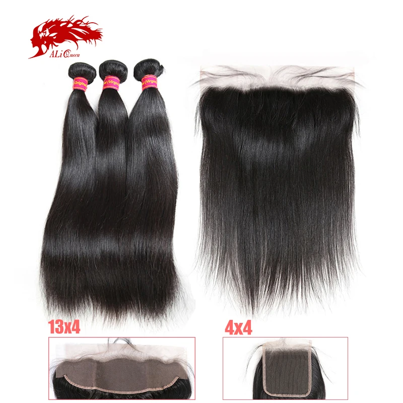 Ali Queen-mechones de pelo ondulado con encaje frontal transparente, pelo liso virgen brasileño sin procesar, doble estiramiento, 13x4 HD, 3 uds.