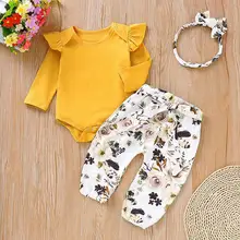 PatPat/весенне-осенний хлопковый комбинезон с оборками для новорожденных; штаны с цветочным принтом; повязка на голову; комплект из 3 предметов для маленьких девочек