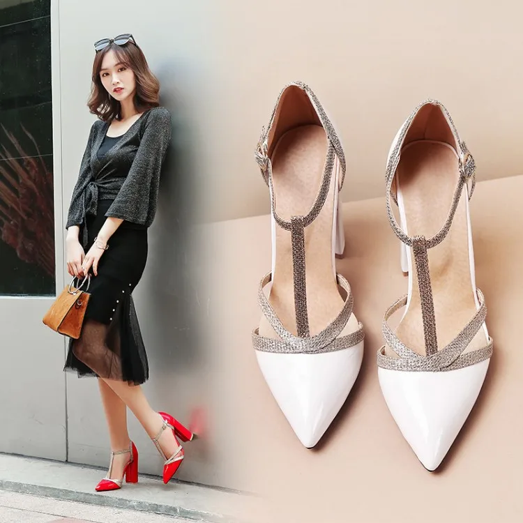 ASHIOFU Wholesale Women High Heel Sandals T-strap Chunky Heel Party Prom Dress Shoes Fashion Club Thick Heel Sandals Shoes