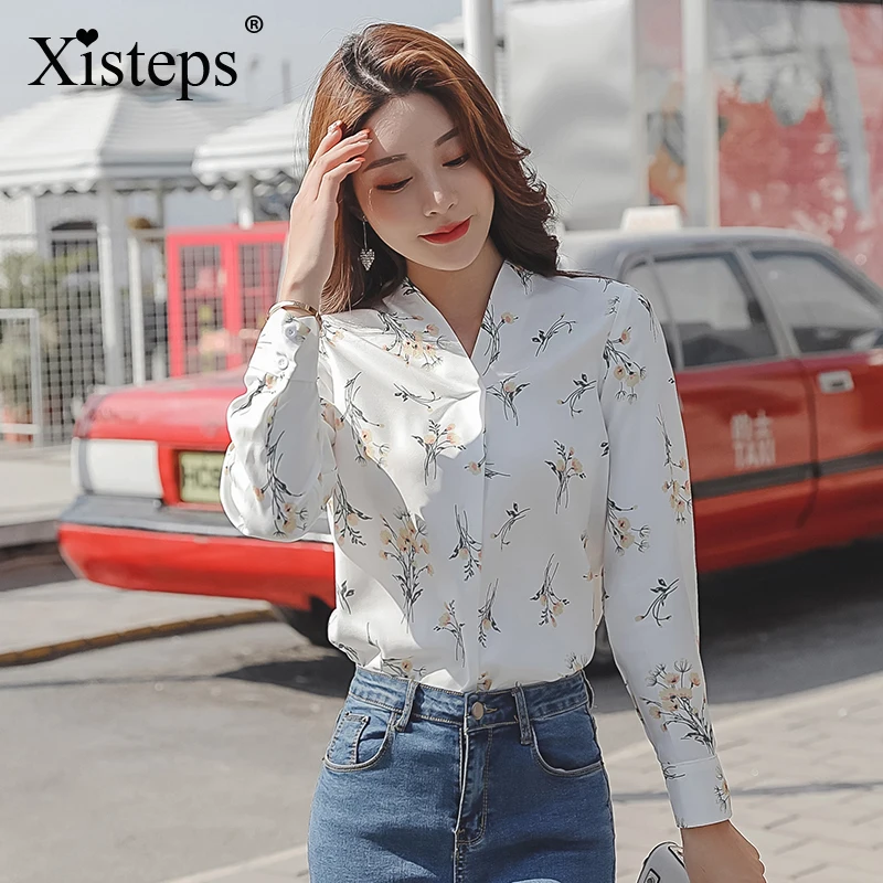 

Xisteps V Neck Floral Print Chiffon Blouse Shirt Women Long Sleeve Loose Elegant Casual Top Summer Blouses Blusas 2019 Plus Size