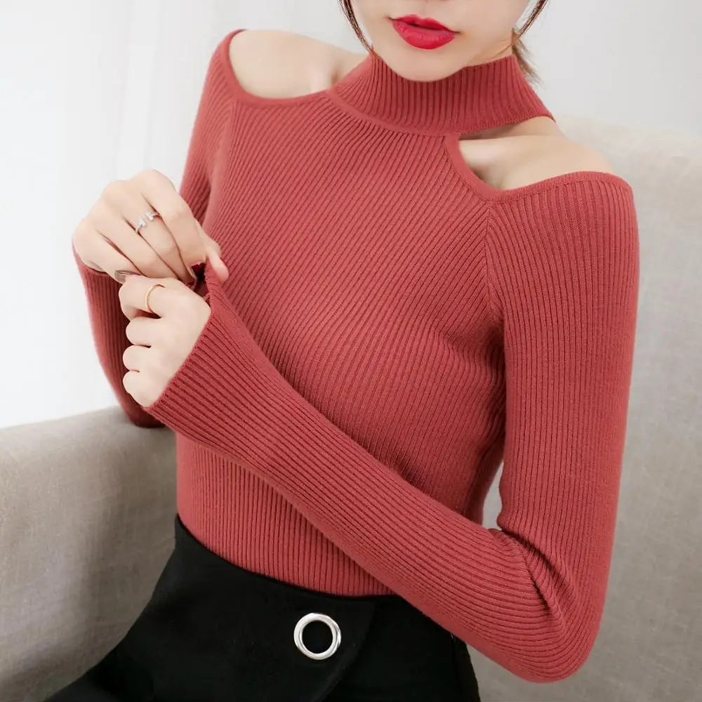 

gkfnmt Knitted Sexy Off Shoulder Half Turtleneck Sweater Women Sweaters And Pullovers Solid Slim 2019 Autumn Winter Jumpers