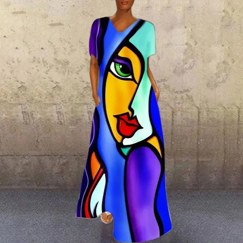2020 European Summer Vintage Dress Women Ladies Abstract Cartoon Printed Casual A-line Dresses 2020 European Summer Vintage Dress Women Ladies Abstract Cartoon Printed Casual A-line Dresses