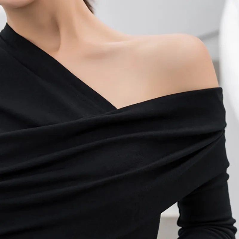 Fannic Сексуальная Асимметричная женская футболка с открытыми плечами Топы женские тонкие с длинным рукавом модная черная футболка осень