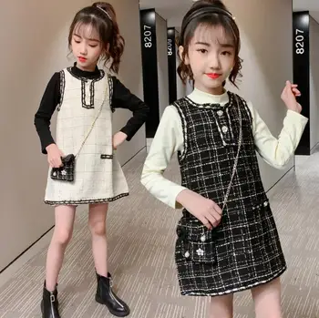 

Girls' suit spring new plaid small fragrance style sleeveless vest jacket solid color long sleeves with baby two-piece suit