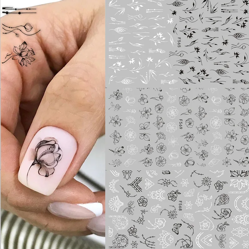 Клейкие стикеры 3D на ногти Nail Art для ногтей 1 лист черные и белые с цветами