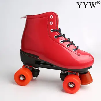 

Artificial Leather Roller Skates Red Skate Shoes Patines 4 Wheels Double Line Skates Women Men Adult Two Line Skate Shoes Patins