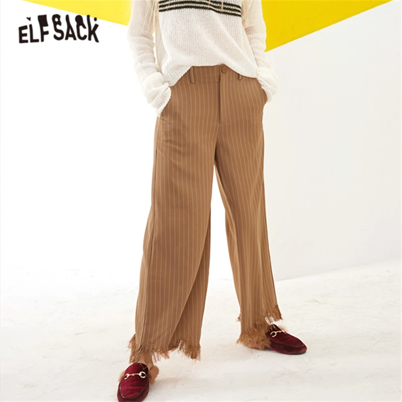 Женские широкие брюки ELFSACK свободные в полоску с высокой талией бахромой по краю