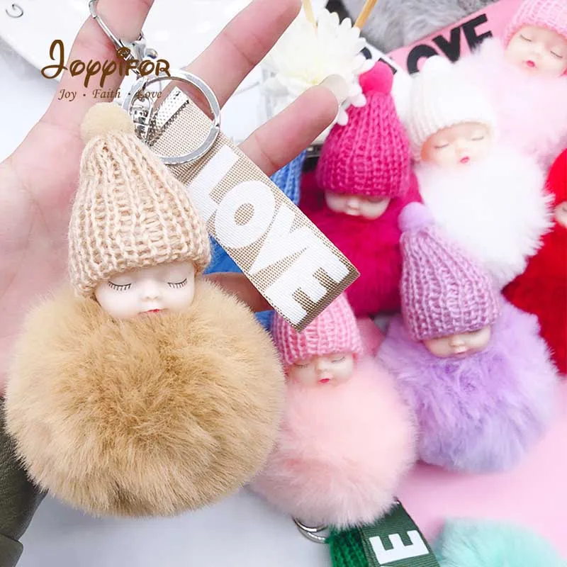 

2019 Cartoon Mini Figures Cute Knit Hat Sleeping Baby Dolls Keychain Pompom Fur Ball Lovely Girls Key Chain Keyring Pendant Toys