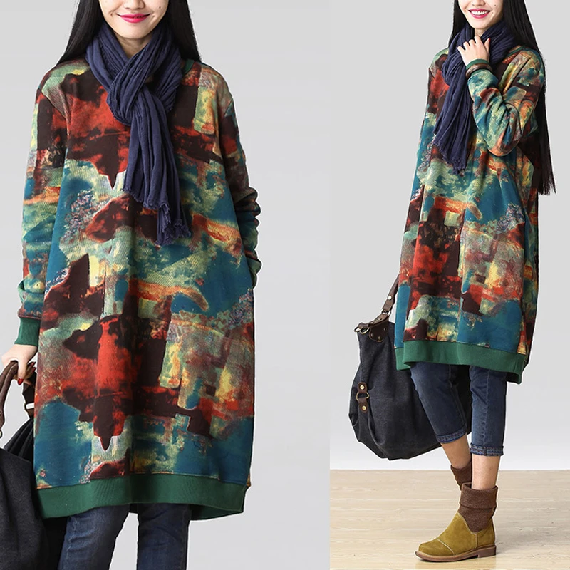 

Women Sweatshirt Dress Femme Long Sleeve Vintage Printed Vestido Robe Female Autumn Winter Casual Hooded Pullover Clothes New