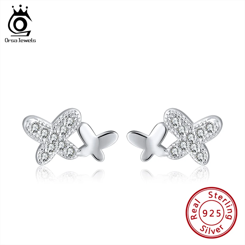 

ORSA JEWELRS 925 Silver Small Stud Earrings with AAAA Zircon Exquisite Butterfly Shape Earring Jewelry Woman Party Gift BE276
