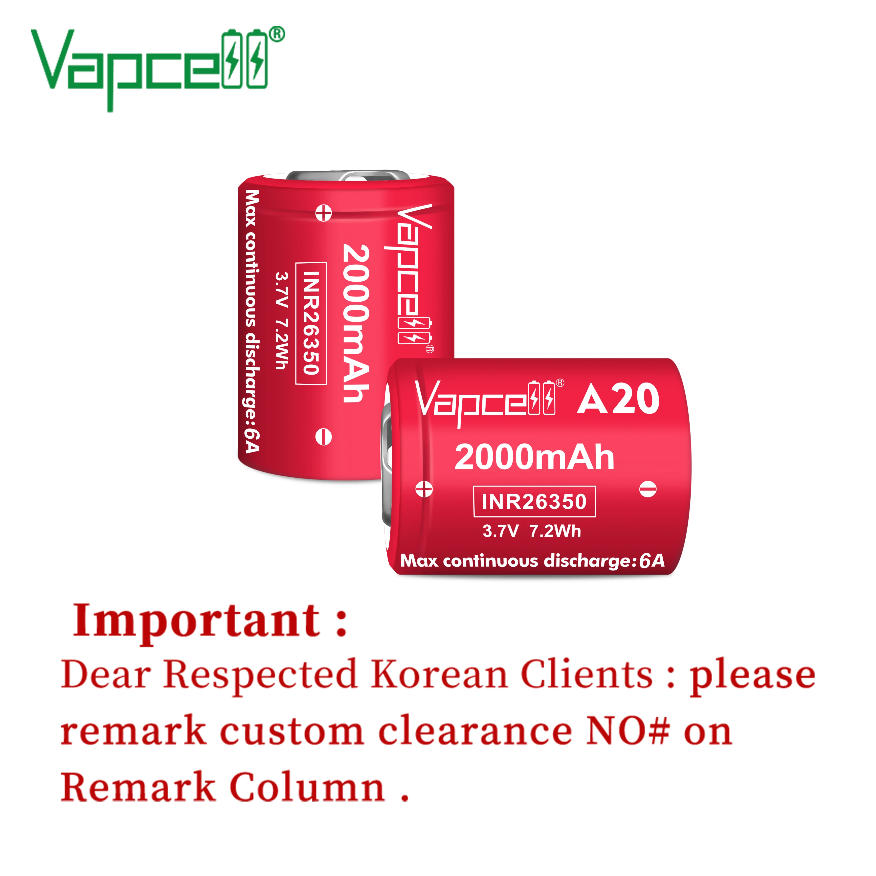 2020 Vapcell Original 26350 2000mah 6A A20 li ion battery 3.7V Rechargeable Batteries lithium cell for flashlight power tools |