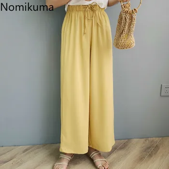 

Nomikuma Wide Leg Ankle Length Pants Women Solid Drawstring Lace Up Straight Loose Trousers 2020 Summer New Pantalones 3a825