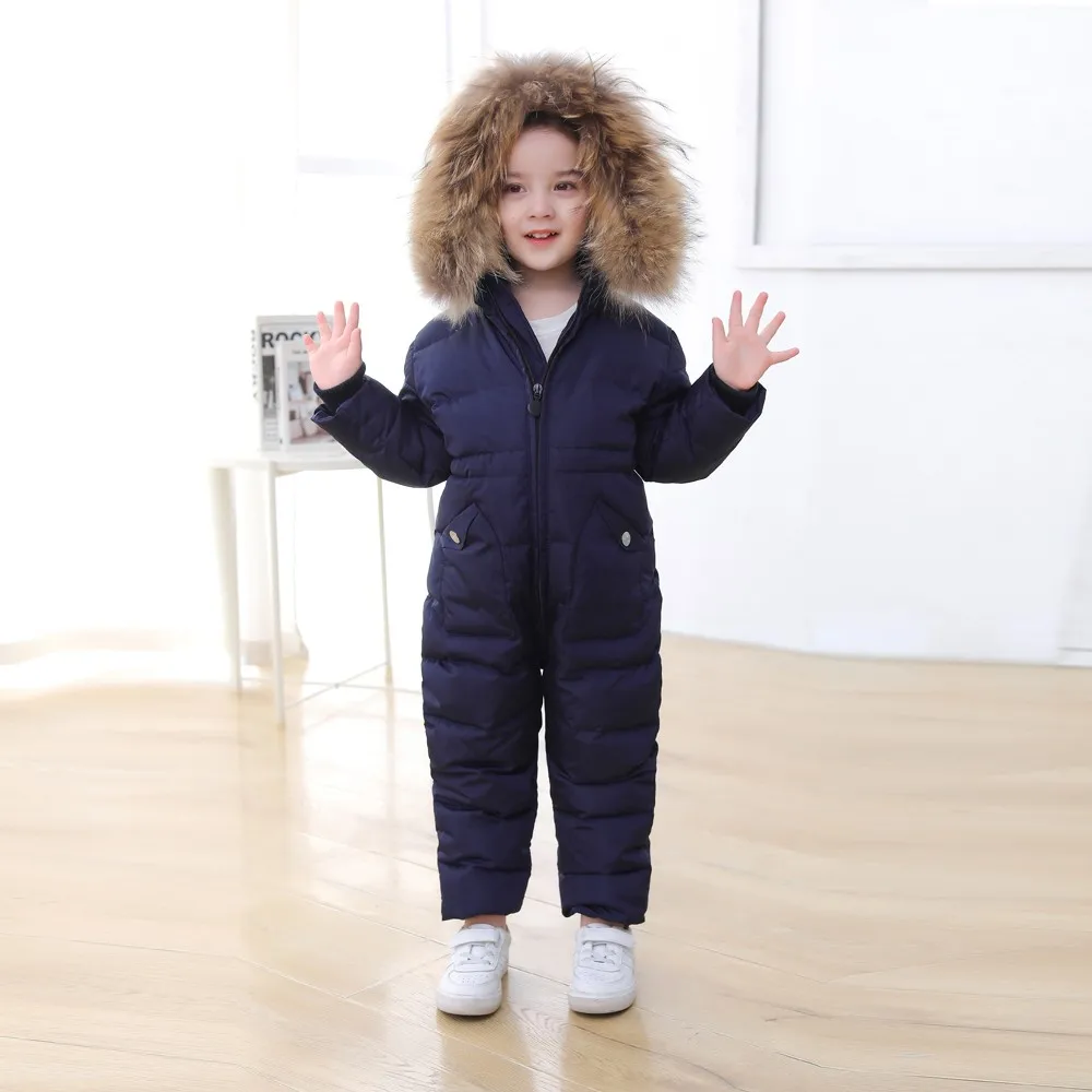 

Children's Siamese Down Jacket Boys Winter Thicken Jacket Baby Girl Duck Down Rompers Big Fur Hooded Waterproof Snowsuit Outwear