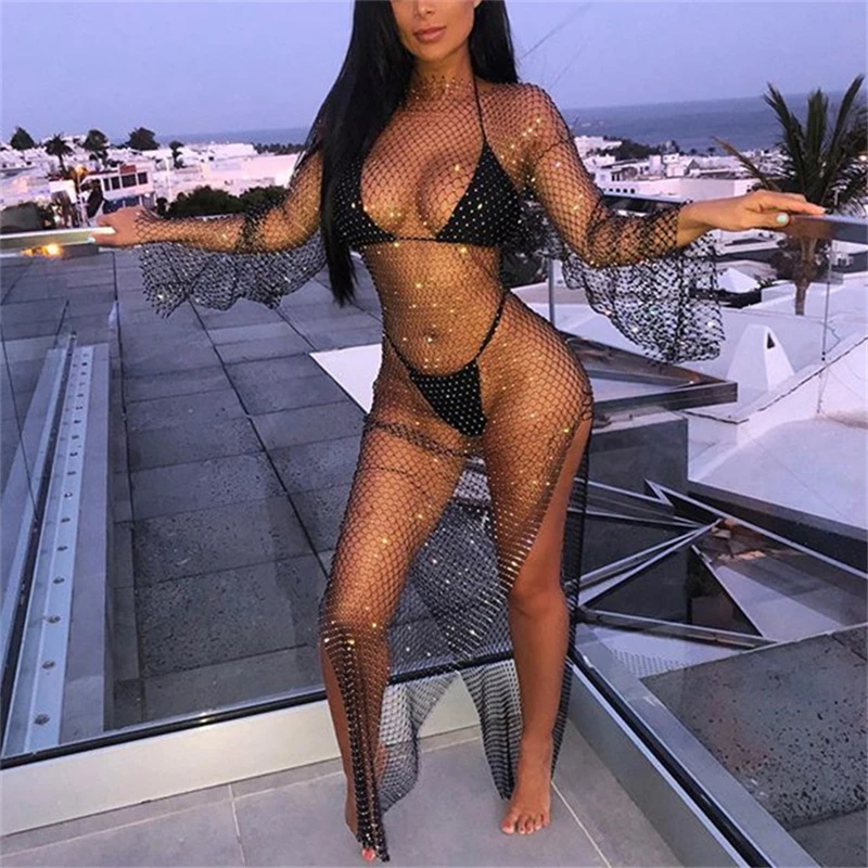 Koop Glanzende Steentjes Grid Lange Jurk Vrouwen Sexy Zien Door Lange Mouwen Visnet Side Slit Lange Jurken Chic Summer Beach Cover up