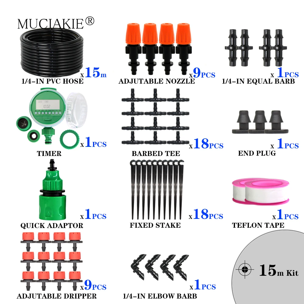 MUCIAKIE 1/" шланг микро капельный туман автоматический полив комплект Сад таймер интеллект орошение система охлаждения Регулируемая капельница - Цвет: 15M 4l7 Timer Kits