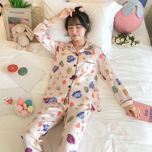 Осенний пижамный комплект из искусственного шелка, кардиган, пижама с длинными рукавами, Женская домашняя одежда для отдыха, пижамы для женщин, 2 штуки, милая одежда для сна - Цвет: C Q 8816