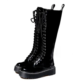 

Gothic Womens Lace Up Knee Thigh High Boots Platform Creepers Punk Biker Warm Winter Thicken Fleece Liner Shoes Punk