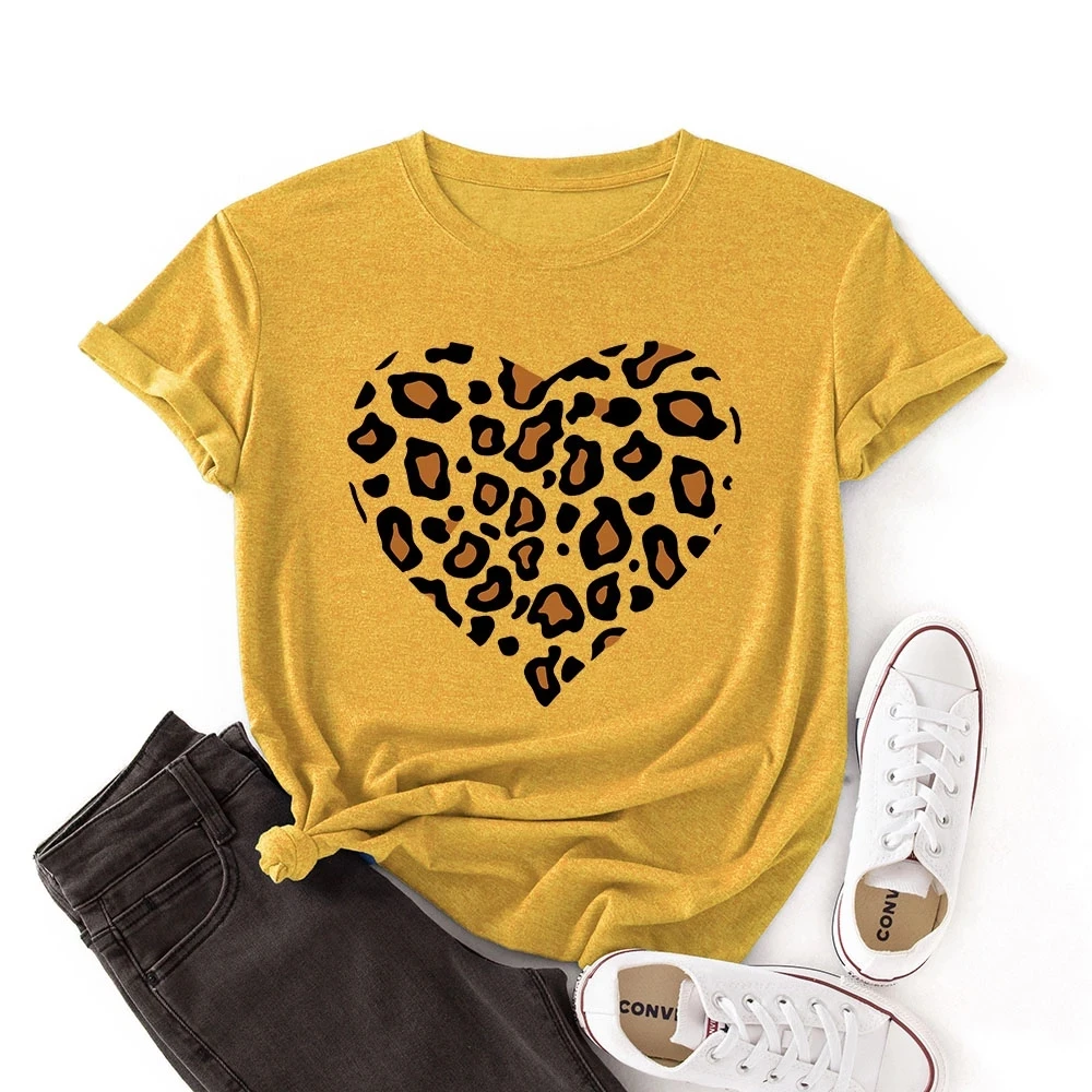 Leopard Love Heart Print Women Couple Love T Shirt Fashion Harajuku Colored Cotton Graphic Tees Shirt Femme Unisex Clothes for Summer