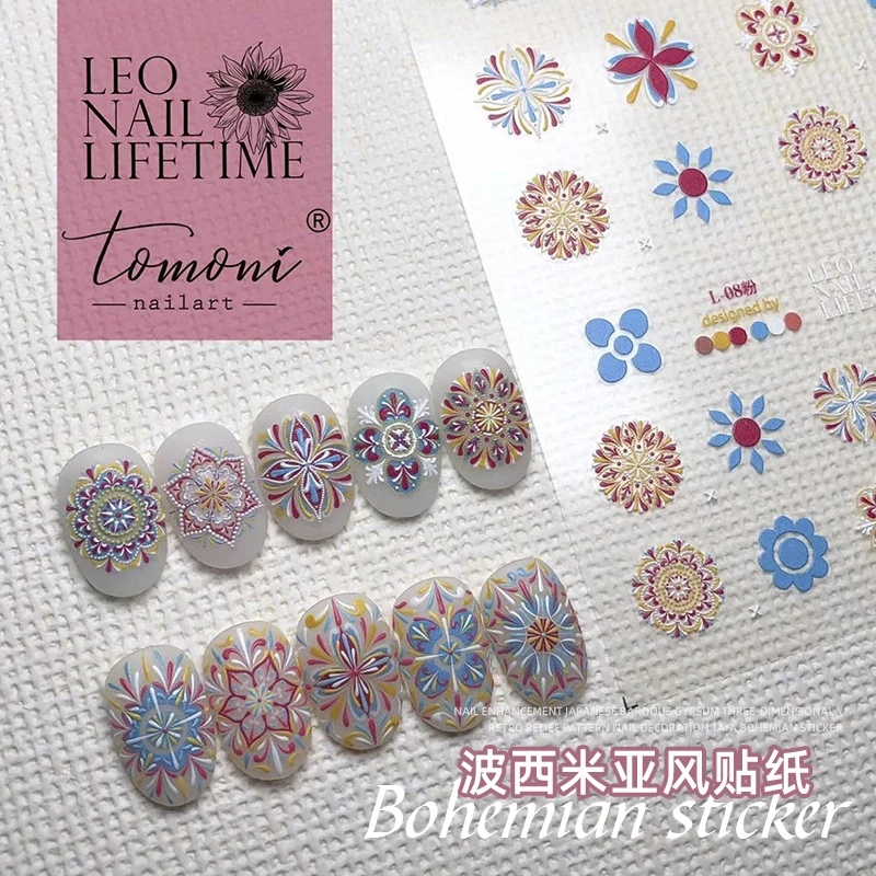 

3D New Design Bohemia Style Nails Art Stickers Retro Totem Relief Model Japanese Soft Color Manicure Decoration Self Adhesive