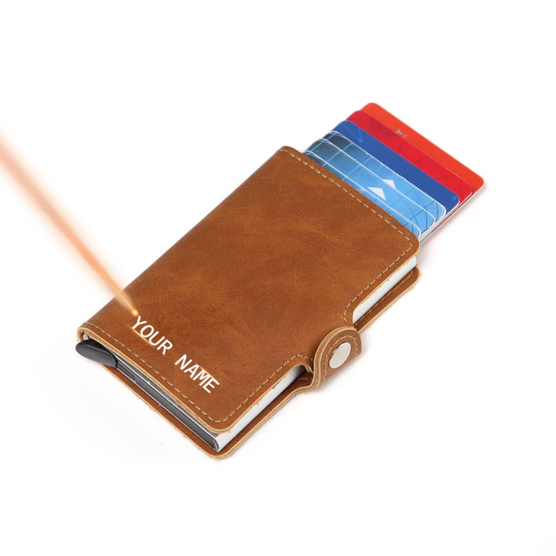 Лазерная гравировка Мужской Ретро Кожаный Бумажник Алюминиевый RFID Карманный Кошелек держатель для карт блокировка автоматический всплывающий кошелек