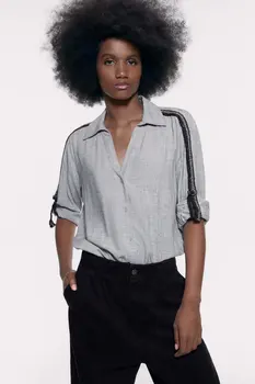 

2020 Spring Summer New Stitching Striped zaraing women grey Shirt sheining vadiming female shirt tops clothes Shimmy Xdn9266