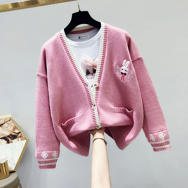 pink Женский свитер с вышивкой и кардиган зима новые милые с v-образным вырезом утепленные карманные износоустойчивые кардиганы - Color: pink