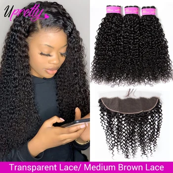 

Upretty Kinky Curly Bundles With Frontal HD Transparent Lace Frontal With Bundles Brazilian Human Hair 3 Bundles With Closure