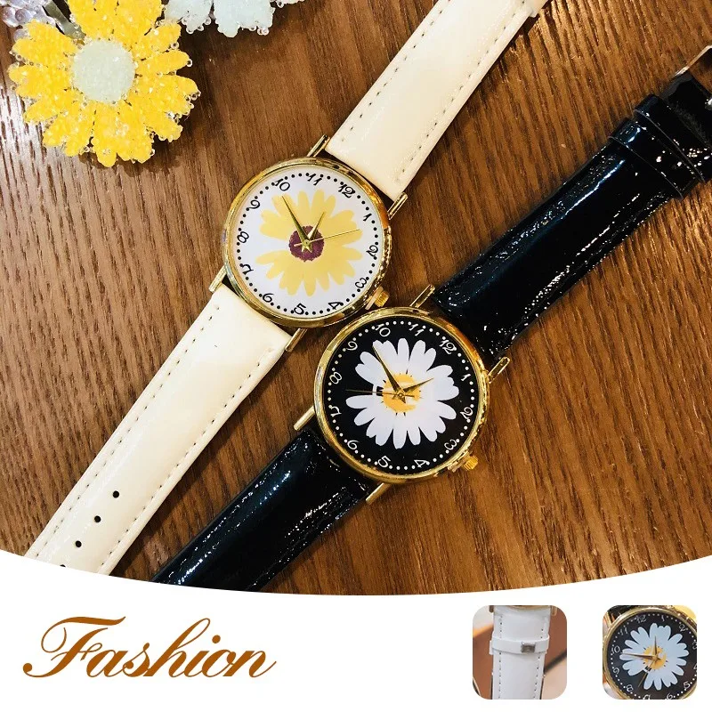 Reloj Mujer модные маленькие ромашки женские часы кожаный ремешок Женская мода платье
