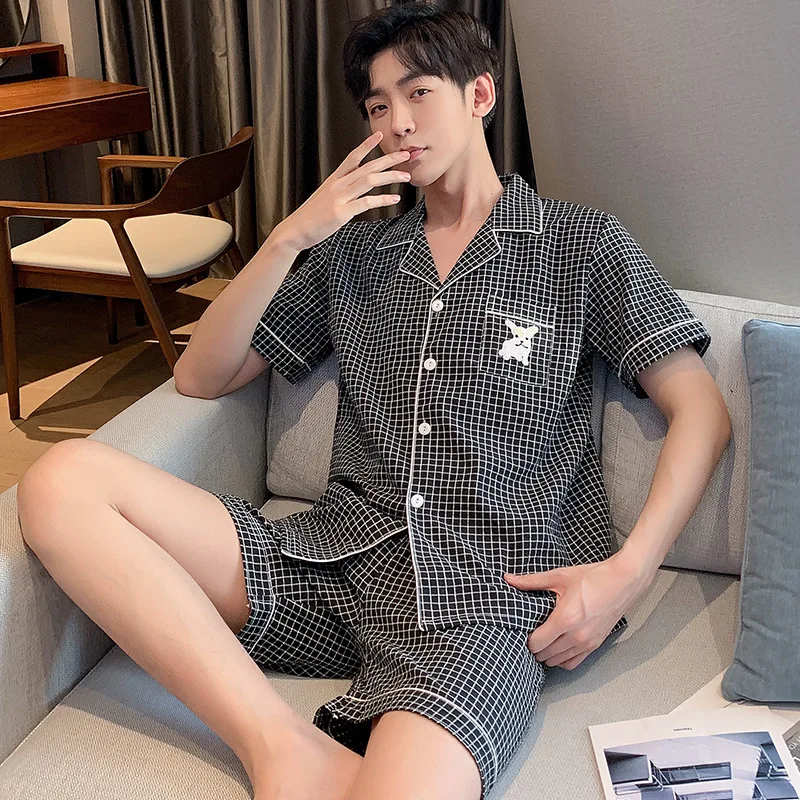

Summer Men's Plaid Pyjamas Simple Plaid Print Cotton Nightwear Men Pj Short Sleeve Shorts Sleepwear Boys' Home Wear Suit