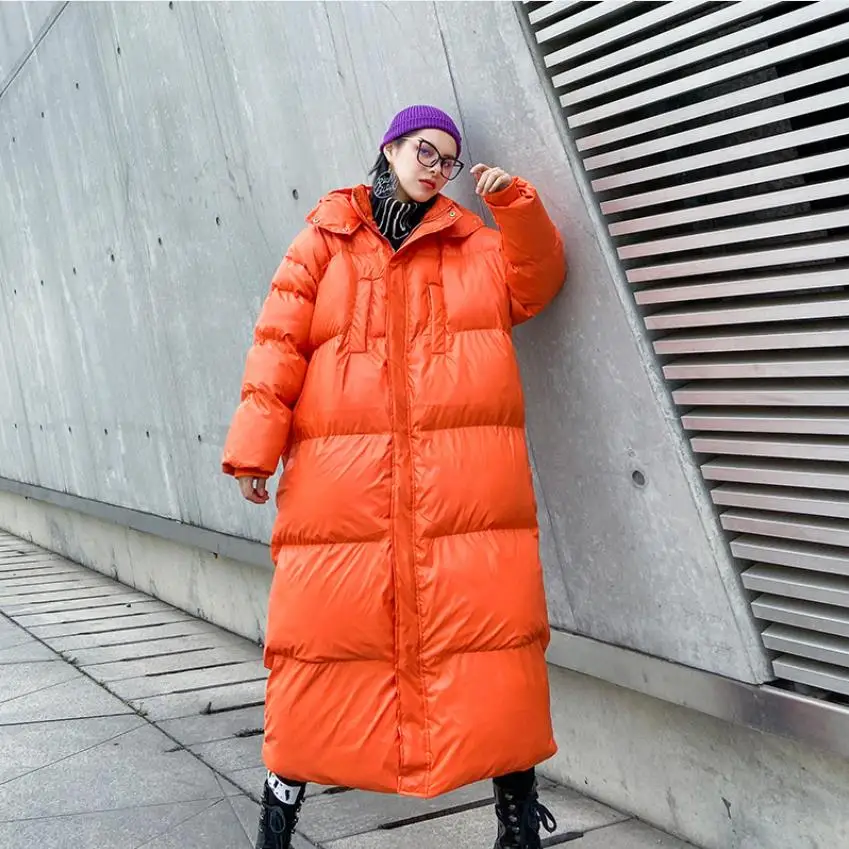 Супер длинное теплое пальто, зимнее уличное стильное толстое теплое хлопковое пальто, негабаритное пальто с капюшоном, Женская Толстая ветровка, хлопковое пальто F625 - Цвет: orange
