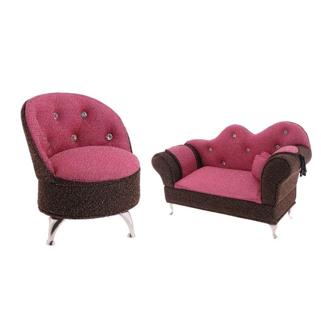 2pcs 1/6 Dollhouse Living Room Furniture Chaise & Single Sofa Set Jewelry Box Accessory