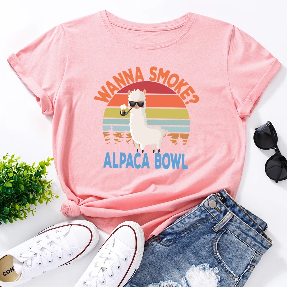 Wanna Smoke-Camiseta con Llama para mujer, camisetas con Llama para mujer, Camisetas estampadas de manga corta de verano, camisetas de animales