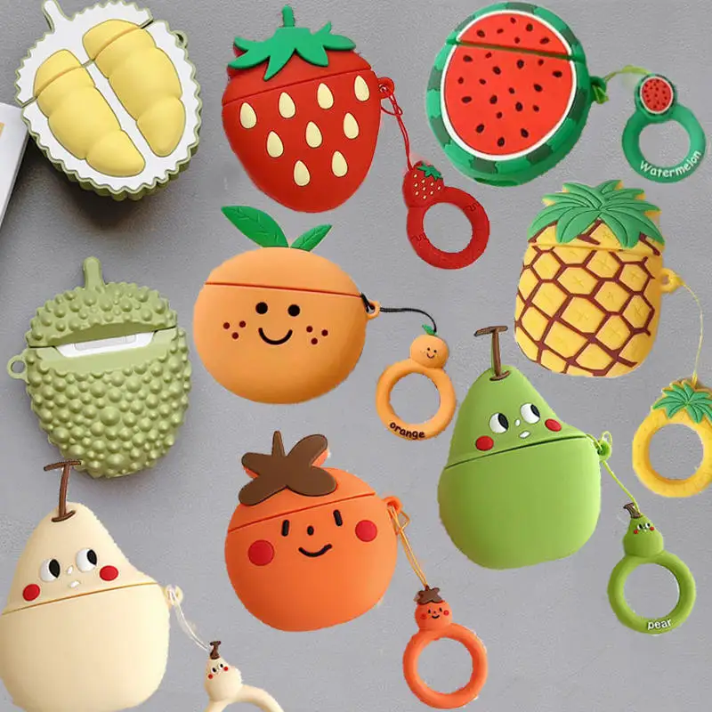 

3D Cute Summer Fruit Watermelon Orange Lemon Durian Strawberry Case for Apple Airpods 1 2 Wireless Earphone Headphone Cover