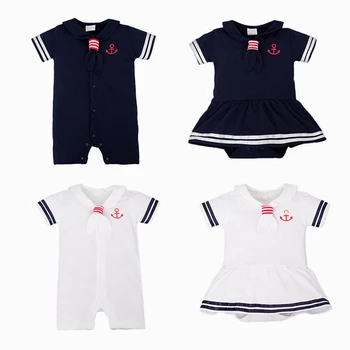 

Baby Romper Boys Girls Short Sleeve Stretchie Jumpsuit Dress Creeper Set Toddler Boys Sailor Stripe Romper Marine Navy Outfit