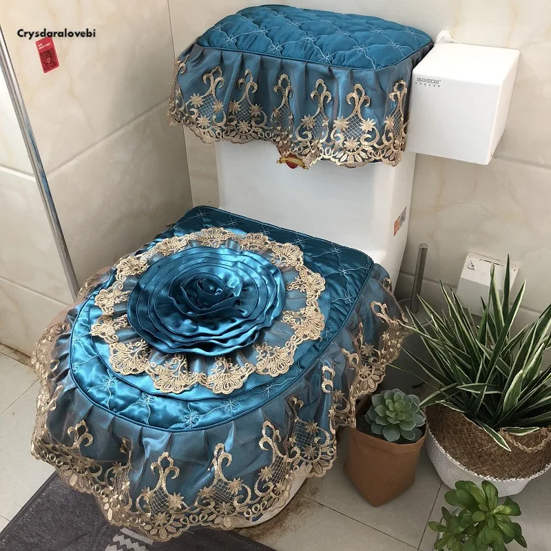 

Luxury European-style three-piece toilet set Fabric lace toilet seat Thicken universal seat cushion toilet zipper Cover Sewing