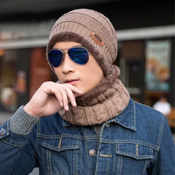 

Men Knitting Wool Elastic Multifunction Ski Autumn Winter Outdoor Hat Scarf Set Windproof Keep Warm Two Piece Soft Hiking