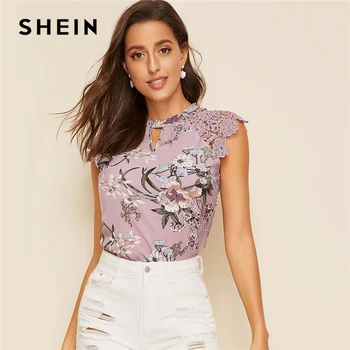 

SHEIN Floral Print Guipure Lace Raglan Sleeve Top 2019 Keyhole Neckline Summer Cap Sleeve Elegant Womens Tops and Blouses